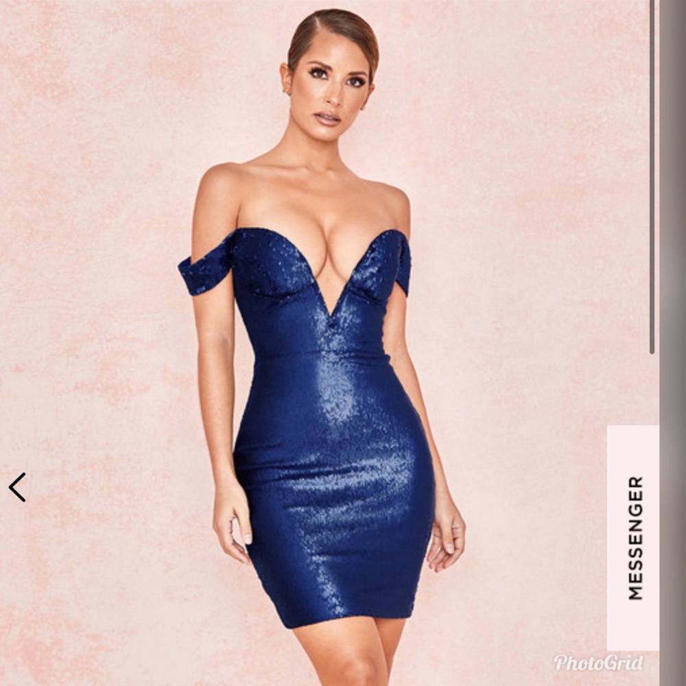 House of CB DNATE NAVY SEQUIN BARDOT DRESS